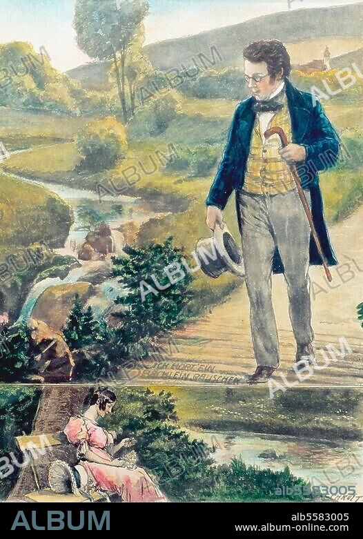 Schubert, Franz compositeur; 1797-1828. "Ich hört' ein Bächlein rauschen". (En haut, Schubert en voyageur). Héliogravure sur cuivre, coloriée à la main et vernie, signée sur la plaque (F. Schrott", Pl. 32 × 24 cm. Traugott Schneidtinger, Feldkirch.