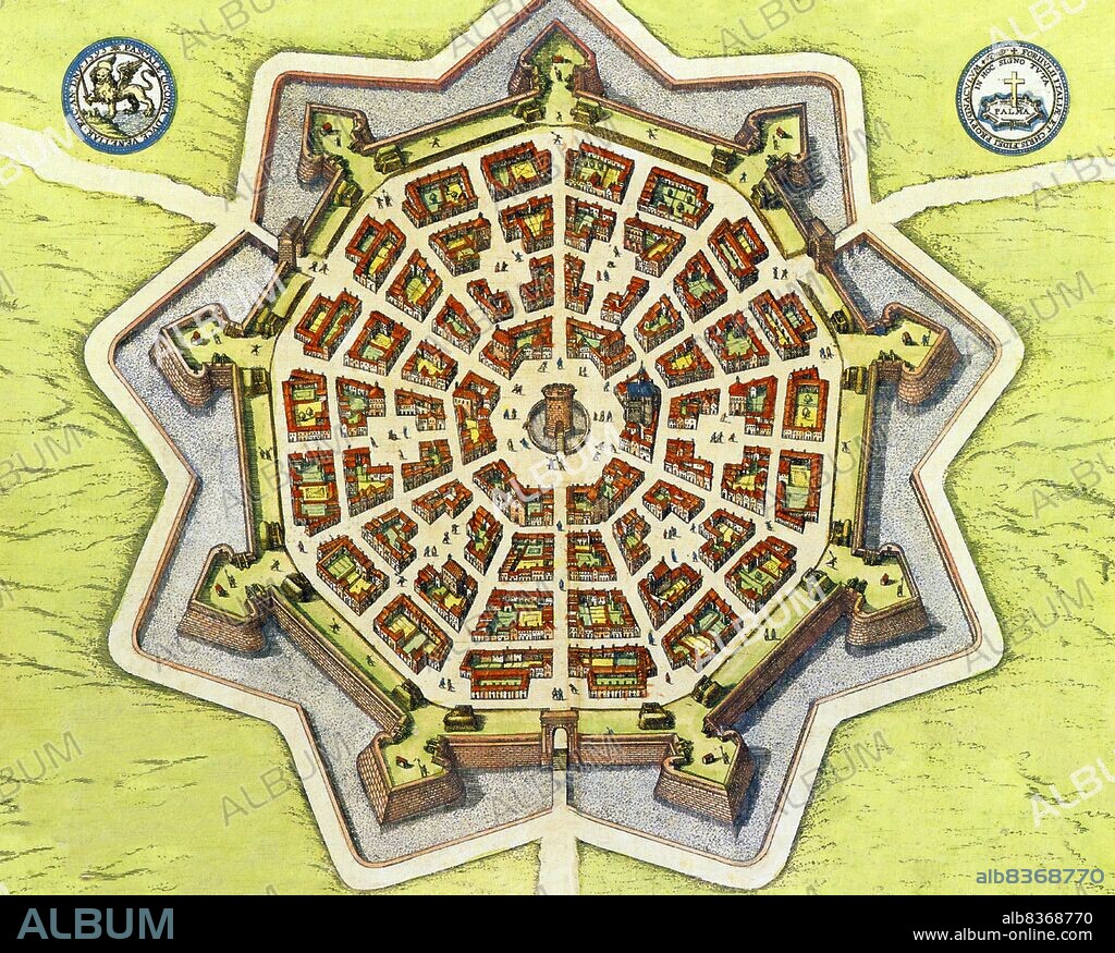 Palmanova is a town and municipality in northeastern Italy. It is an excellent example of a bastion / star fort of the design favoured in the Late Renaissance era. First built by the Venetians in 1593, the fort-town was designed by Vincenzo Scamozzi. A second phase of construction occurred between 1658 and 1690, with final fortifications completed under the Napoleonic domination of 1806-1813.
