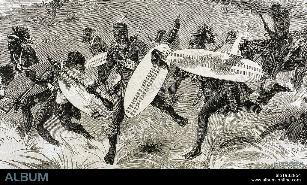 HISTORIA DE AFRICA. REINO ZULU. AFRICA DEL SUR. "GUERREROS ZULUES CARGANDO CONTRA SUS ENEMIGOS VECINOS BRITANICOS DE NATAL, Y CAPITANEADOS POR SU REY CETEWAYO (1834-1884) ". Grabado de "La Ilustración Española y Americana" (año 1879) .