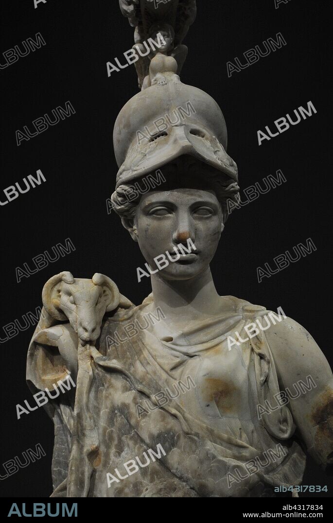 Statue of Goddess Athena with Corinthian helmet, aegis and Gorgoneion. 180-190 AD. Torso with parts of the Renaissance and Baroque era. Marble. Detail. Liebieghaus Museum. Frankfurt. Germany.