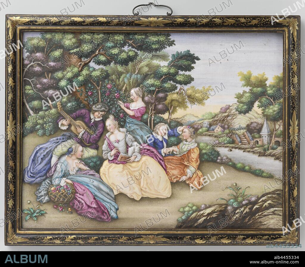Two plaques depicting European fêtes champêtres Plaque with painted enamel: a European company in a landscape Two plaques with European companies, Plaque painted with emails with a European company. Exported to a print by Pierre Filloeul. The figures and landscape elements are shown in low relief. Original black lacquered frame with tendrils in gold, landscapes in the temperate zone, visiting, receiving guests, elegant company, Jean Theodore Royer, anonymous, Kanton, c. 1770 - c. 1775, Qianlong-period (1736-1795), copper (metal), wood (plant material), lacquer (coating), painting, h 38.3 cm × w 49 cm.