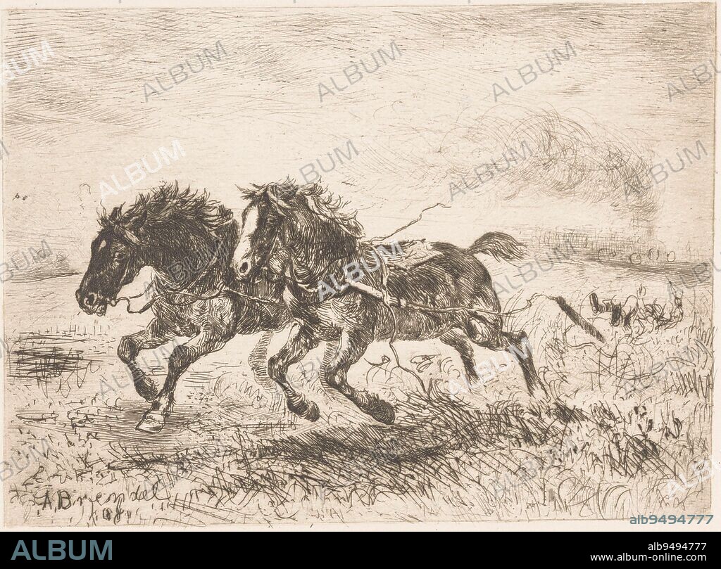 Unbroken span of horses, Albert Heinrich Brendel, 1889, Possibly the horses were startled by a steam train that appears to be depicted in the background., print maker: Albert Heinrich Brendel, (mentioned on object), publisher: Weimarer Radierverein, Weimar, 1889, paper, etching, h 190 mm × w 248 mm.