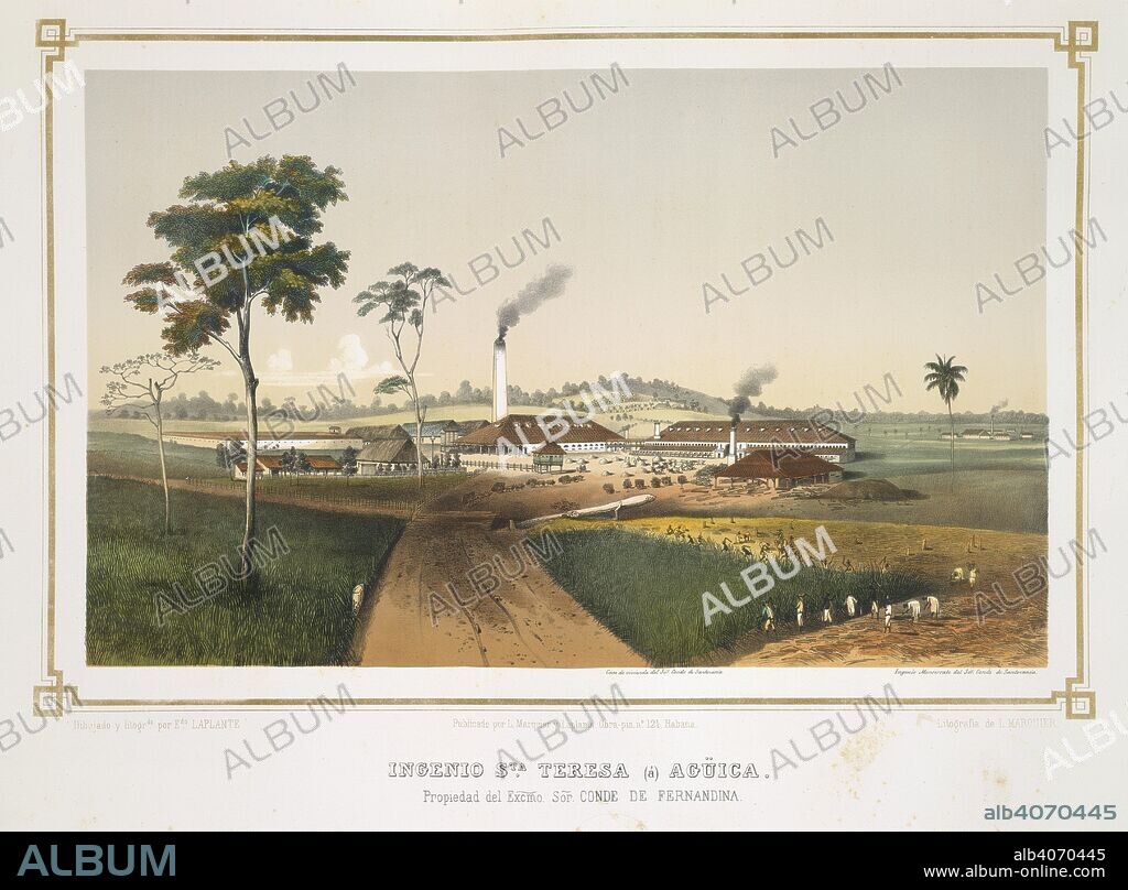JUSTO G. CANTERO and EDUARDO LAPLANTE. Ingenio Santa Teresa AgÃ¼ica. Los Ingenios. Coleccion de vistas de los principal. Havana, 1857. Ingenio Santa Teresa AgÃ¼ica. Propiedad del ExcelentÃ­simo SeÃ±or Conde de Fernandina. A sugar mill in Cuba. Cuban workers harvesting a crop.  Image taken from Los Ingenios. Coleccion de vistas de los principales ingenios de azucar de la Isla de Cuba. Edicion de lujo. El texto redactado por J. G. Cantero Las lÃ¡minas dibujadas del natural y litografiadas por Eduardo Laplante, etc. (Habana, 1857.)  Originally published/produced in Havana, 1857. . Source: 1780.c.14,. Language: Spanish.