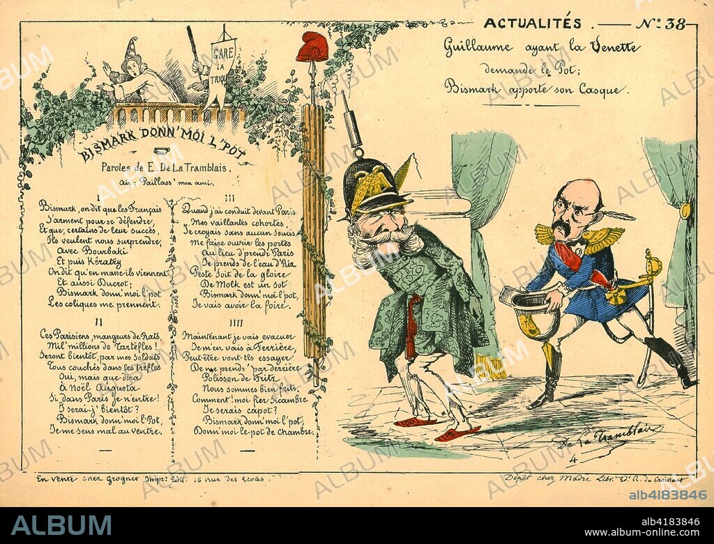 'Bismark Give Me the Pot', late 19th century. Poem in French and satirical caricature of Wilhelm I (1797-1888), Emperor of Germany and King of Prussia, and Otto von Bismarck (1815-1898), first Chancellor of the German Empire. Wilhelm I asks for a chamber pot, Otto von Bismarck brings his helmet.