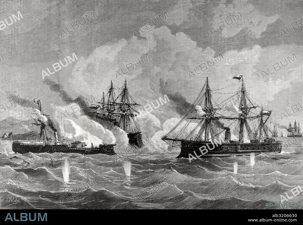 War of the Pacific.1879-1883. Conflict between Chile and Peru and Bolivia. Naval combat. Huascar ship against the Chilean Blanco Escalada and Cochrane ships in port of Mejillones, October 8, 1879. Engraving by Eugenio Vela. La Ilustracion Espanola y Americana, 1879.