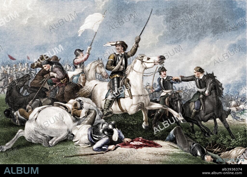 'Cromwell at the Battle of Marston Moor', 1886. Leading a Charge after Being Wounded in his Right Arm. Oliver Cromwell (1599-1658) commanded the forces of Parliament during the English Civil War. After the war England, Scotland and Ireland became a commonwealth. Cromwell was head of state as Lord Protector of the Commonwealth from 1653 until his death. After Abraham Cooper R. A. (1787-1868). From Illustration of English and Scottish History, Volume I by Thomas Archer. [Blackie & Son, London, Glasgow and Edinburgh, 1886]. (Colorised black and white print).