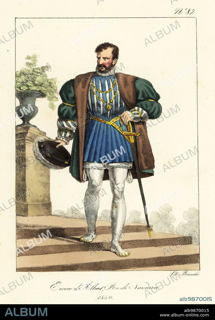 Henry II, King of Navarre, 1503-1555. In fur-lined coat, slashed doublet, hose, with court sword and cap. Henry d'Albret, Roi de Navare, 1540. Handcoloured lithograph by Lorenzo Bianchi after Hippolyte Lecomte from Costumi civili e militari della monarchia francese dal 1200 al 1820, Naples, 1825. Italian edition of Lecomtes Civilian and military costumes of the French monarchy from 1200 to 1820.