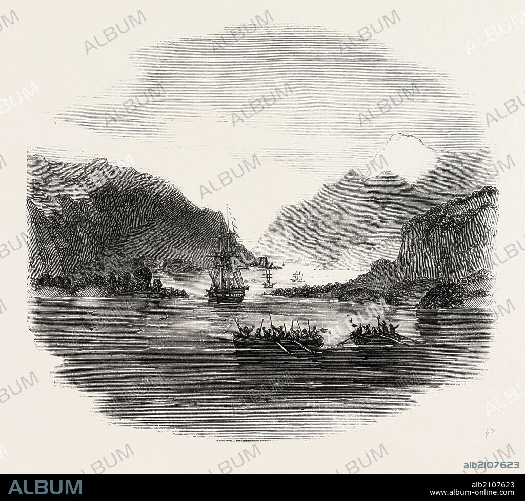 H.M.S. TERMAGANT CONVOYING THE GUN BOATS GRAPPLER AND FORWARD THROUGH THE STRAITS OF MAGELLAN: PASSING ENGLISH NARROWS, 1860 engraving.