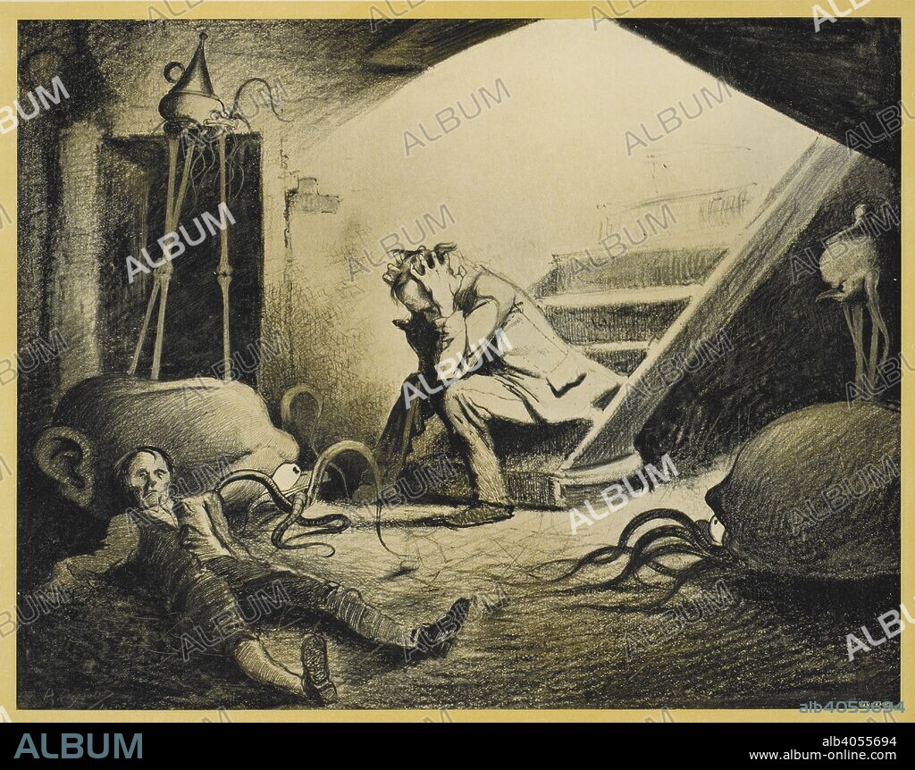 HERBERT GEORGE WELLS and HENRIQUE ALVIM CORREA. The narrator in the cellar with the body of the curate. The Martian creatures can be seen. [The war of the worlds ] La guerre des mondes. Traduit de l'anglais par Henry-D. Davray. edition illustree par Alvim-Correa. Jette-Bruxelles: L. Vandamme & Co., 1906. Science-fiction. Source: L.45/3317 page 64. Language: French.