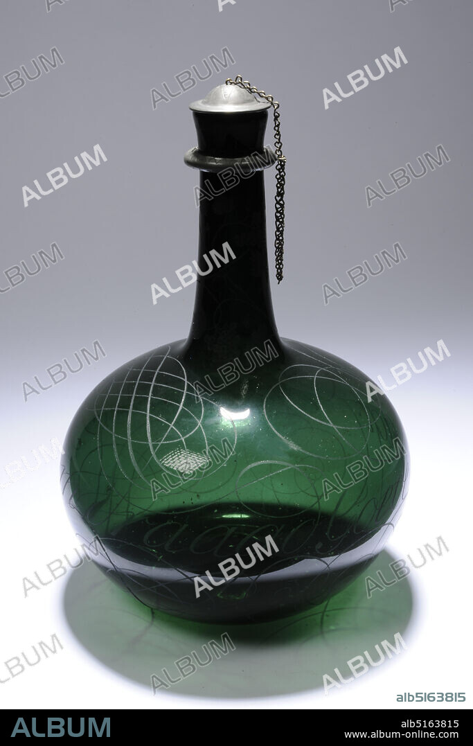bottle, 1690, cork, glass, tin, General: 26 x 17.8cm (260 x 178mm), calligraphy, Bottle of green colored glass. The bottle has a bulging belly, turning into a narrow, long neck with a collar and a slightly bent mouth. Over the collar a pewter ring with an eye to which a chain is attached. At the other end of the chain, a cork with a tin cap, both decorated with notched triangles. On the belly around a calligraphed inscription: A good tree carried Good fruit. Grape vines on the neck, 1988.