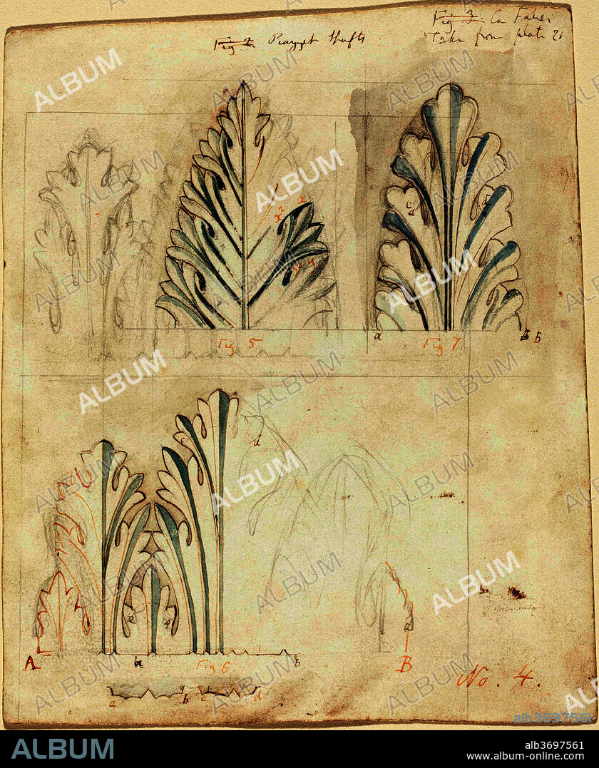 JOHN RUSKIN. Ornamental Study with Acanthus Motif for "The Stones of Venice". Dated: 1849. Dimensions: overall: 20.1 x 16.6 cm (7 15/16 x 6 9/16 in.). Medium: pen and brown ink with watercolor and graphite on wove paper.