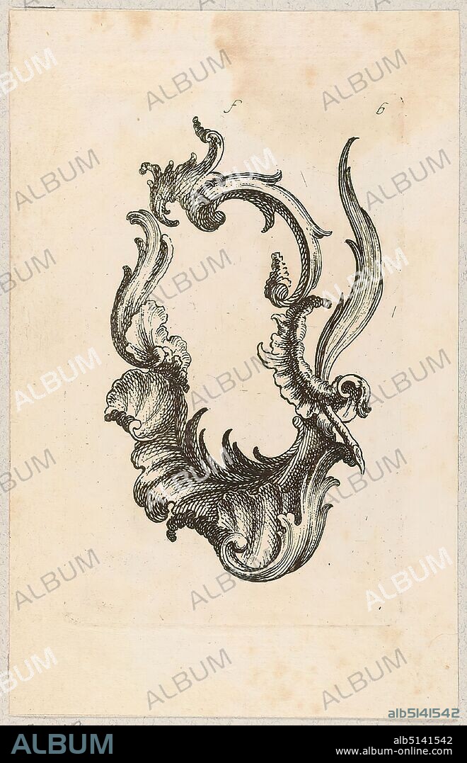 Georg Christoph Kilian, Rocaille cartouche, sheet 6 from the series Kartuschen, Papier, Etching, sheet size: height: 15,00 cm; width: 9,60 cm, numbered: in plate: f 6, prints, printed matter, Rocaille, cartouche (ornament), Rococo.
