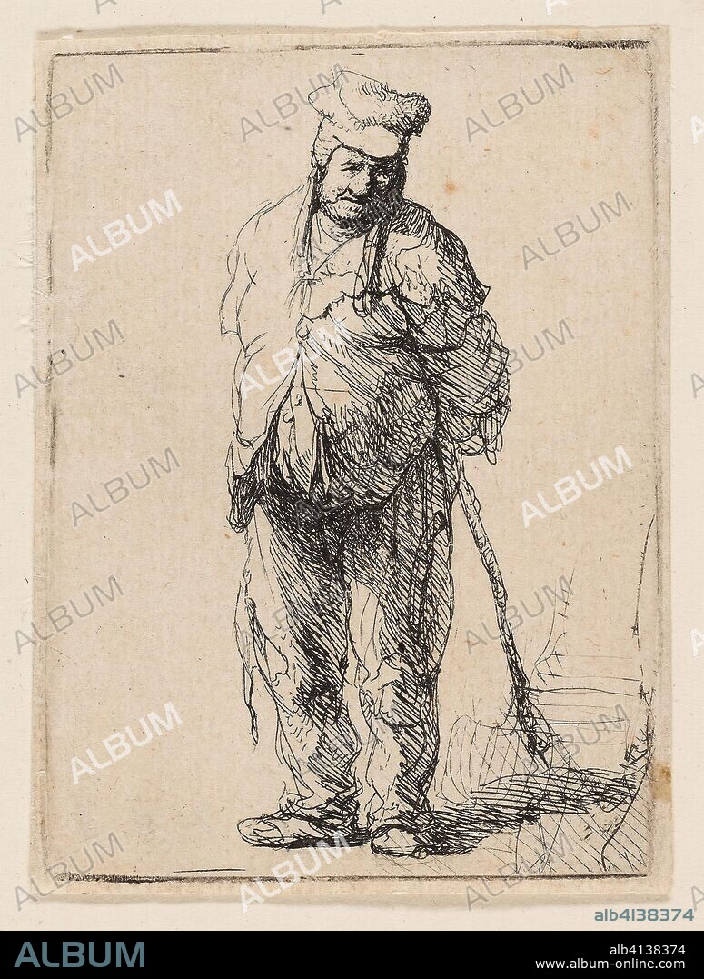 REMBRANDT HARMENSZOON VAN RIJN. Ragged Peasant with His Hands behind Him, Holding a Stick. Rembrandt van Rijn; Dutch, 1606-1669. Date: 1625-1635. Dimensions: 93 x 67 mm (plate); 122 x 76 mm (sheet). Etching on ivory laid paper. Origin: Holland.
