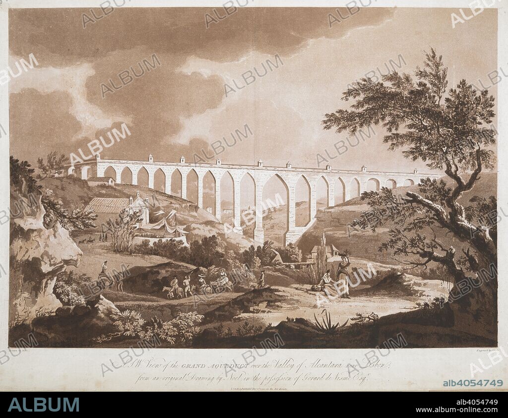 JOHN WELLS. Two women carrying baskets in the foreground near a group of travellers riding donkeys down a road that leads to a church in front of which a crow gathers under a canopy. The Ãguas Livres Aqueduct can be seen in the background. A S. W. View of the GRAND AQUEDUCT over the Valley of Alcantara near Lisbon. London : Publish'd Dec.r 1st. 1792. as the Act directs, [December 1 1792]. Source: Maps K.Top.74.66.i. Language: English.