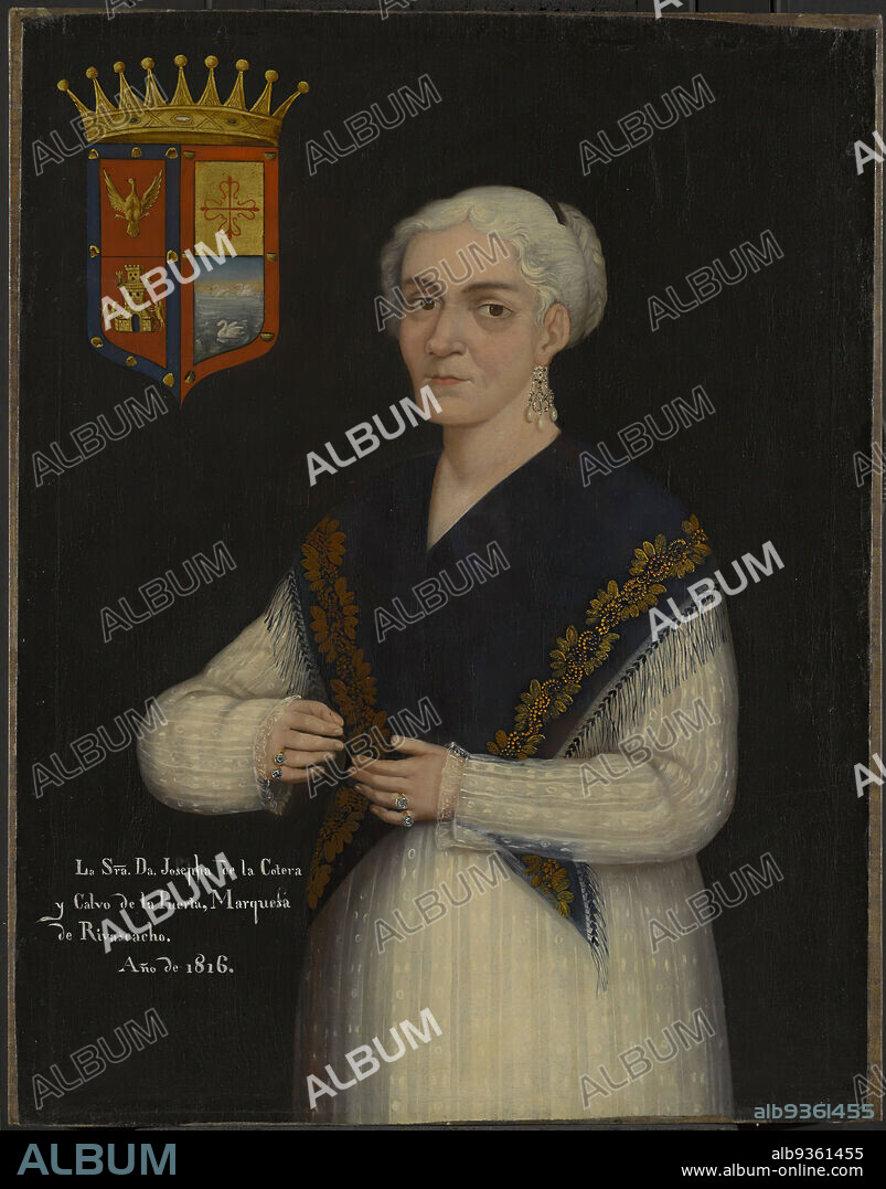 Doña Josefa de la Cotera y Calvo de la Puerta, Marquesa of Rivas Cacho, Mexican, Oil on canvas, Mexico, 1816, 33 x 25 1/2 in., 83.8 x 64.8 cm, 19th Century, arms, braid, coat of arms, colonial, crown, Dona Josefa de la Cotera y Calvo de la Puerta, eagle, earring, elderly, embroidery, family crest, female, fringe, genealogy, herald, heraldry, hispanic, inscription, jewelry, jewels, mexican, Mexico, noble, Oil, painting, portrait, royal, shawl, shield, Spanish Colonial, swan, toothless, tower, woman.