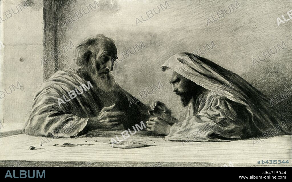 'The Pearl of Great Price', c1916, (1936). Parable of the Pearl (also the Pearl of Great Price) Matthew 13:45-46 illustrates the value of the Kingdom of Heaven. Illustration by Eugene Burnand (1850-1921). From "Bibby's Annual 1936", edited by Joseph Bibby. [J. Bibby & Sons, Ltd., Liverpool, 1936].