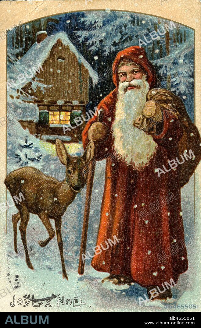 ''Joyeux noel'. Pere Noel avec une biche, dans une foret, sour la neige. Illustration anonyme pour une carte postale de 1908. Credit : Collection IM/KHARBINE-TAPABOR.