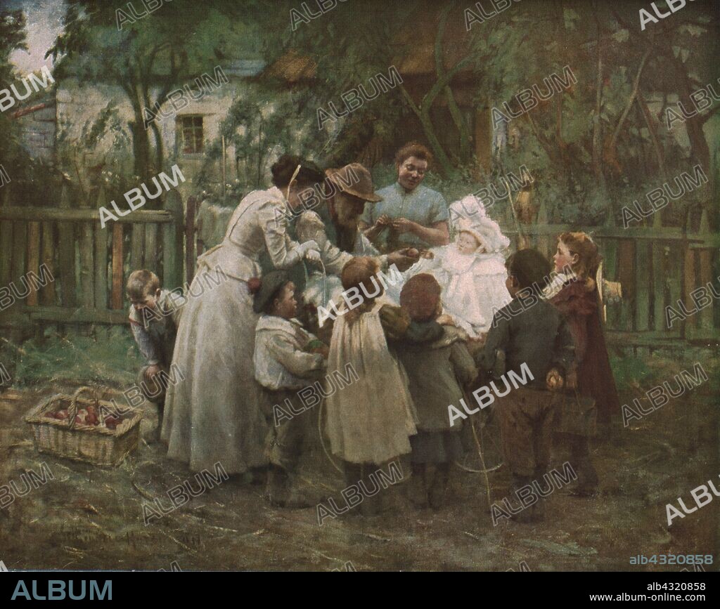 ROBERT GEMMELL HUTCHISON. 'The Young Laird', c1900, (c1930). A group of Scottish estate workers crowd round to admire their landlord's young son, who is dressed in an elaborate white outfit. An elderly man offers the child an apple, as a hungry boy eyes the basket. Painting in the Gallery Oldham, Greater Manchester. From "Modern Masterpieces of British Art". [The Amalgamated Press Ltd., London, c1930].