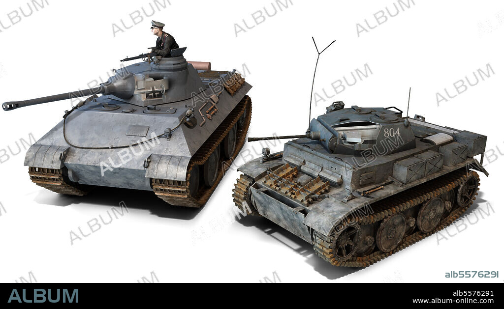Illustration of two Panzer tanks, the Leopard VK1602 and the Panzer II Luchs.
