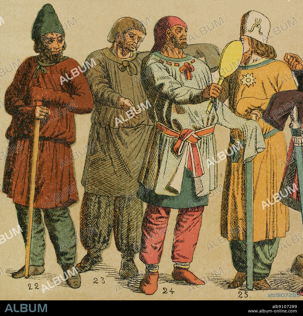 Próximo Oriente. Partos. De izquierda a derecha; 22-23: partos de clase inferior, 24-25: partos de rango más elevado. Cromolitografía. "Historia Universal", por César Cantú. Tomo I, 1881.