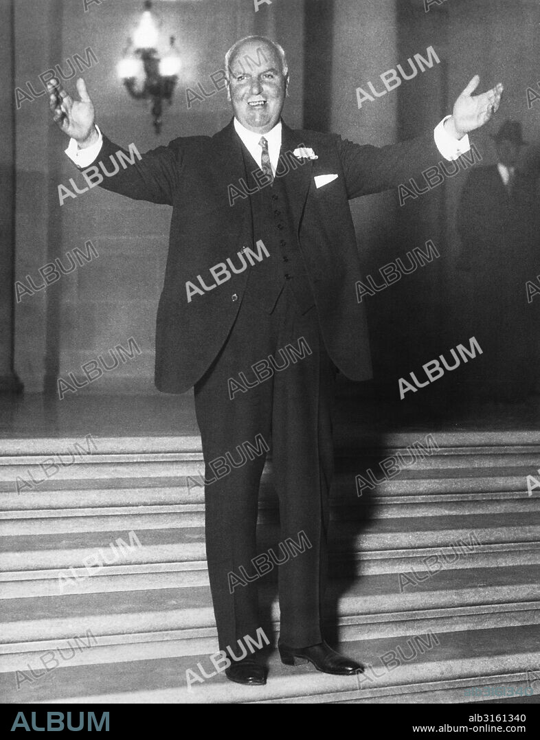 San Francisco, California: August 26, 1930 San Francisco Mayor James Rolph, Jr. in the City Hall rotunda when it was announced that he was leading in the race for Governor.