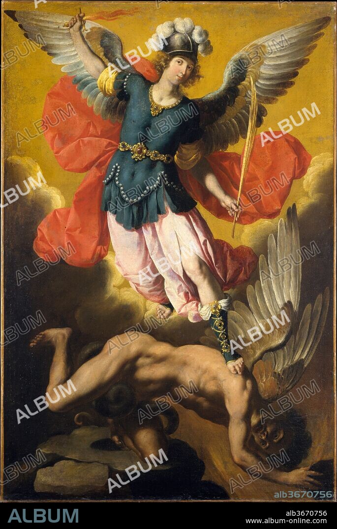 Saint Michael the Archangel. Artist: Ignacio de Ries (Spanish, 1616-after 1665). Dimensions: 64 3/4 x 43 1/4 in. (164.5 x 109.9 cm). Date: 1640s.
Ries was the son of a Flemish painter who had settled in Seville. In the mid-1630s he worked for Zurbarán, some of whose paintings are displayed in this gallery and to whom this picture was long attributed. Now recognized as one of Ries's finest works, dating from the 1640s, this painting relates to both Flemish and Italian traditions. The open-mouthed figure of Satan "cast out [of heaven] into the earth" (Rev. 12:9) especially recalls the work of Ribera.