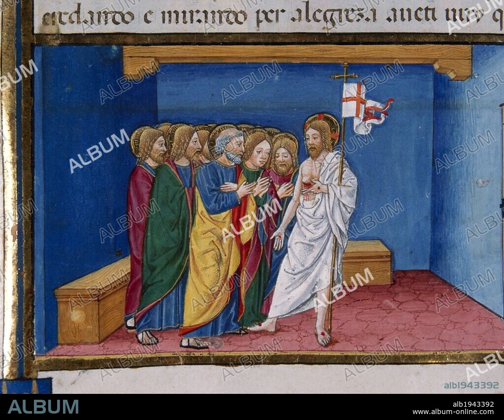 "TOMAS, INCREDULO ANTE LA RESURRECCION DE JESUS, QUIERE TOCAR EL COSTADO DE ESTE". Página miniada del CODICE DE PREDIS. Renacimiento-Quattrocento (s. XV). Biblioteca Real. Turín. Italia.