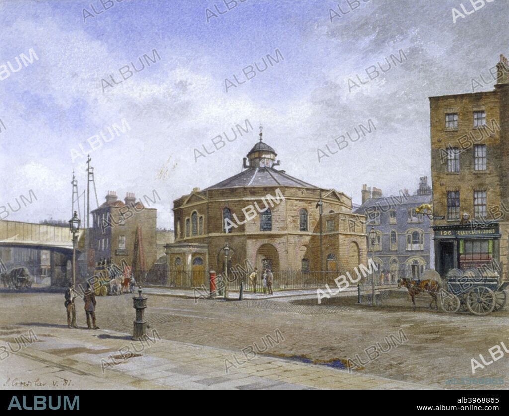 Surrey Chapel, no 196 Blackfriars Road, Southwark, London, 1881. The Surrey Chapel was a Methodist and Congregational church established in 1783 by the Reverend Rowland Hill. It closed in 1881, later becoming a boxing arena before being destroyed in the Blitz.