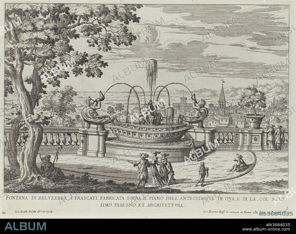 Fontana di Belvedere á Frascati (...), from 'La Fontane di Roma nelle Piazze e Luoghi Publici (...)', part 2, 'Le fontane delle ville di Frascati' (plate 5). Artist: Giovanni Battista Falda (Italian, Valduggia 1643-1678 Rome). Dimensions: Plate: 8 3/8 × 11 5/16 in. (21.2 × 28.7 cm). Publisher: Giovanni Giacomo De Rossi (Italian, Rome 1627-1691 Rome). Date: 1691 or after.
The Villa Aldobrandini belonged to the grandest of Roman Baroque estates, enjoying from its perfect position, high above a set of oval terraces built inside the slope of the Tusculum Hill, a wide view of Frascati and the countryside toward Rome. Begun for Ippolito Aldobrandini (Pope Clement VII) in 1598 and extended by his nephew, Cardinal Pietro Aldobrandini, the villa and gardens, with their astonishing water displays, were created by a team of well-known architects, including Giacomo della Porta, Carlo Maderno, and Domenico Fontana. Of all the magnificent fountains that once graced the gardens, two delightfully sculpted barchetta fountains in the form of a small boat, one of which is illustrated in this print, survive today. They stand on either end of the retaining wall of the oval ramp that embraces the front of the villa complex. The fountains are decorated with playful figures of putti spewing water jets from a central rock and from sconces on either side. The element of water informs the whole Aldobrandini estate, from the semicircular water theater directly behind the house to the dramatic cascade from the steep hill above.
See 1991.1073.145(34-51) for more information.
