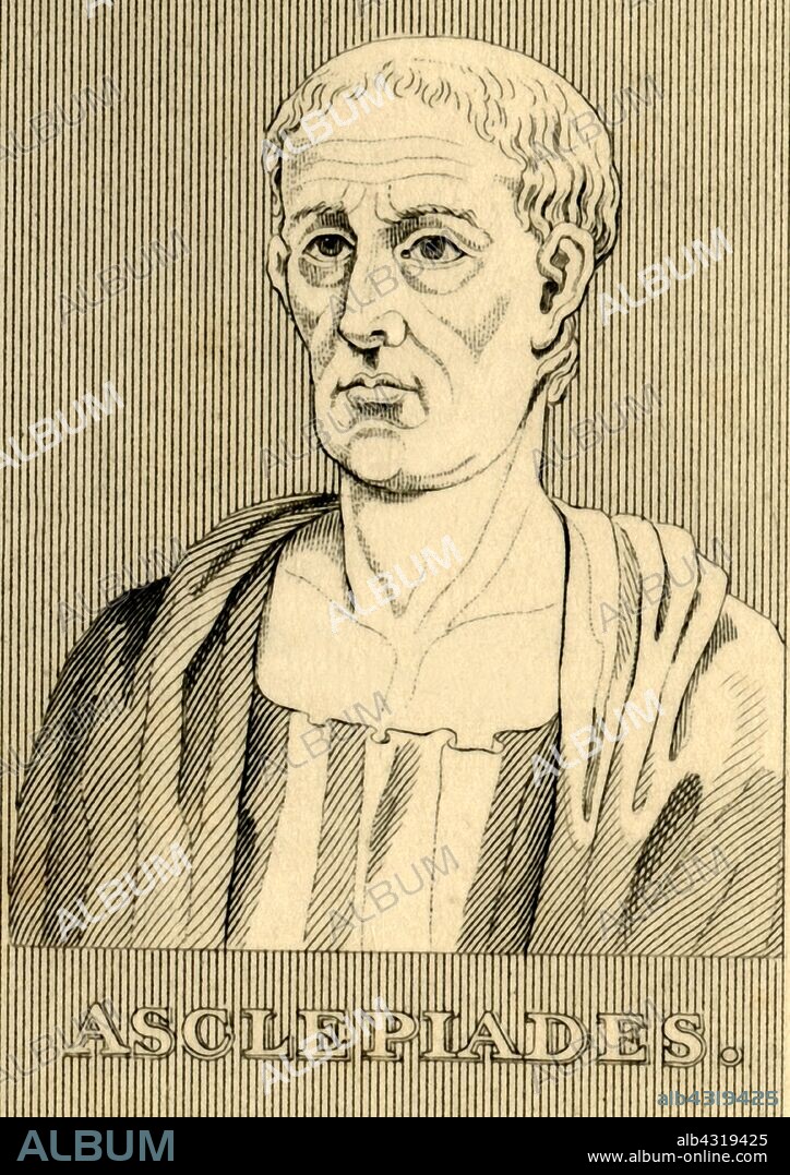 'Asclepiades', (c124-40 BC), 1830. Asclepiades of Bithynia (c124-40 BC)  Greek physician who flourished in Rome, where he established Greek medicine.  From "Biographical Illustrations", by Alfred Howard. [Thomas Tegg, R. Griffin and Co., J. Cumming, London, Glasgow and Dublin, 1830].