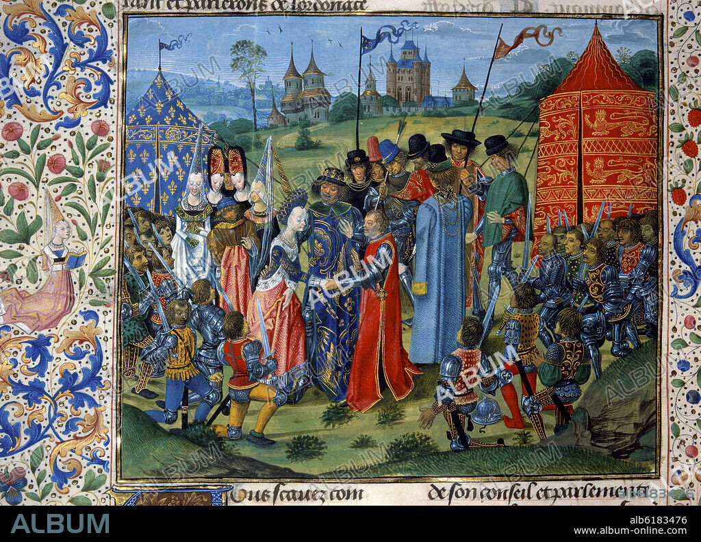 JEAN DE FROISSART (1333-1410). CARLOS VI ENTREGANDO A SU HIJA ISABEL DE FRANCIA A RICARDO II REY DE INGLATERRA - CRONICAS DE JEAN FROISSART.