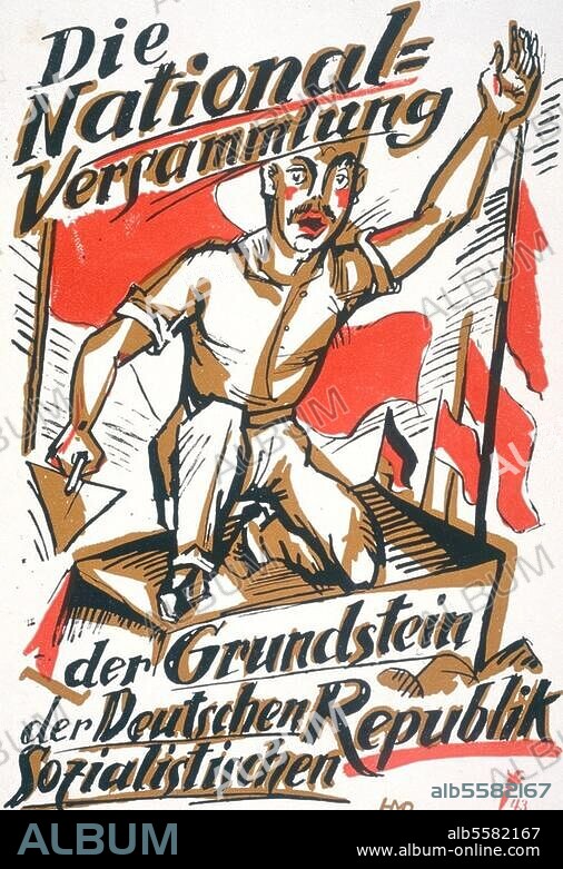 History / Germany / Weimar Republic. "Die deutsche Nationalversammlung - Der Grundstein der Deutschen Sozialistischen Republik". (The German National Assembly - Cornerstone of the German Socialist Republic). Design: Hermann Max Pechstein (1881 - 1955, German expressionist painter and printmaker and a member of the Die Brücke group). Poster commissioned by the government, 1918.