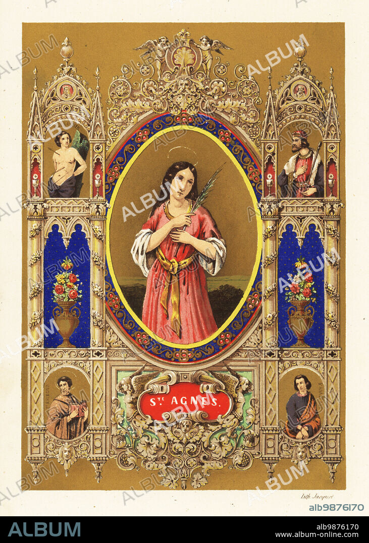 Portrait of Saint Agnes of Rome, virgin martyr, with halo and palm frond within decorative border. Vignettes of martyr Saint Sebastian, King Canute the Holy or Saint Canute, Saint Anatasia of Sirmium, Anastasia the Pharmakolytria, and Saint Raymond of Fitero. Chromolithograph by Jacquet from Legende Celeste, nouvelle histoire de la Vie des Saints, Celestial Legend, Lives of the Saints, Paul Mellier, Paris, 1845.