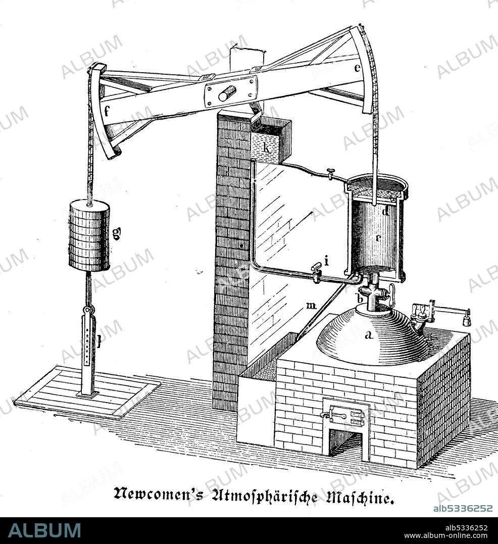 Atmospheric machine according Newcomen principle drawing of the steam engine human Newco  /  Atmosphärische Maschine nach Newcomen, Prinzipzeichnung der Newcomenschen Dampfmaschine, Historisch, historical, digital improved reproduction of an original from the 19th century / digitale Reproduktion einer Originalvorlage aus dem 19. Jahrhundert.