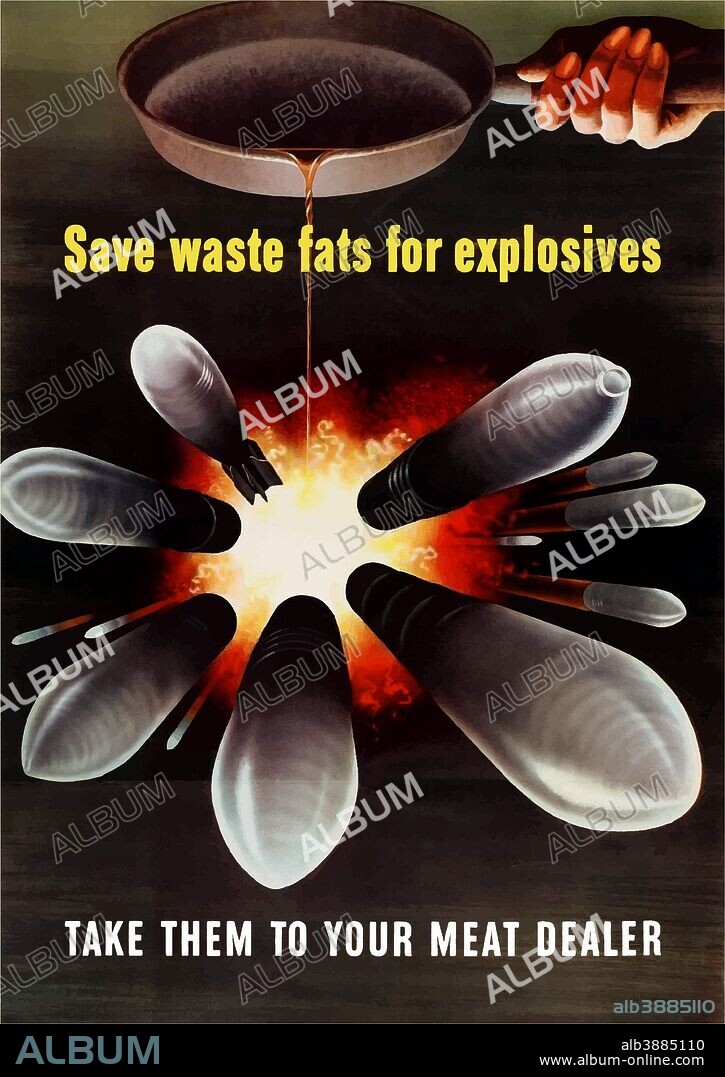 Digitally restored war propaganda poster. This vintage World War Two poster features grease from a cooking pan turning into bombs and missiles. It declares - Save waste fats for explosives, Take them to your meat dealer.