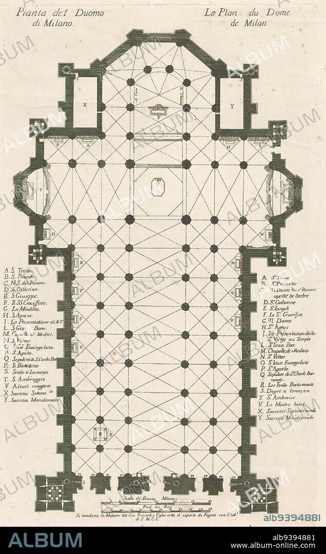 Map of the Cathedral of Milan, Pianta del Duomo di Milano / Le plan du Dome de Milan (title on object), print maker: anonymous, Giovanni Reycends et filles, (mentioned on object), unknown, (mentioned on object), Milaan, 1728, paper, etching, engraving, height 510 mm × width 309 mm.