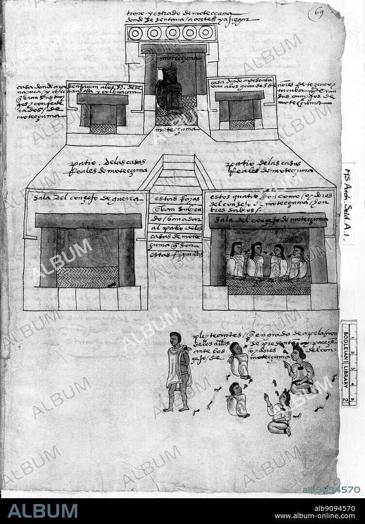 Moctezuma's palace also served as a law court, here seen in session. Codex.