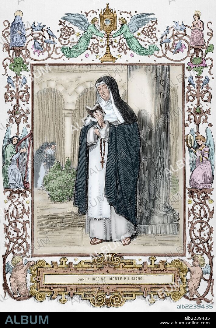 Saint Agnes of Montepulciano (1268-1317). Dominican prioress. Engraving by Capuz. The Christian Year, 1852. Colored.
