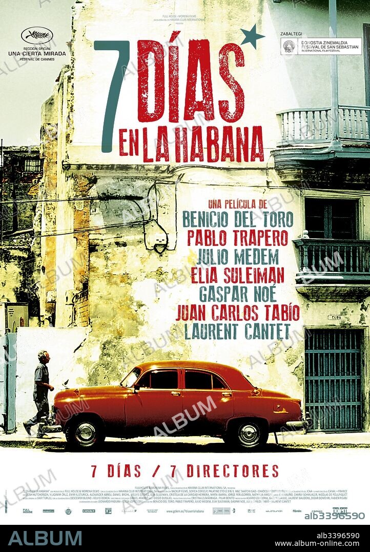 Poster of 7 DAYS IN HAVANA, 2012 (7 DIAS EN LA HABANA), directed by BENICIO DEL TORO, ELIA SULEIMAN, GASPAR NOE, JULIO MEDEM, LAURENT CANTET and PABLO TRAPERO. Copyright MORENA FILMS.