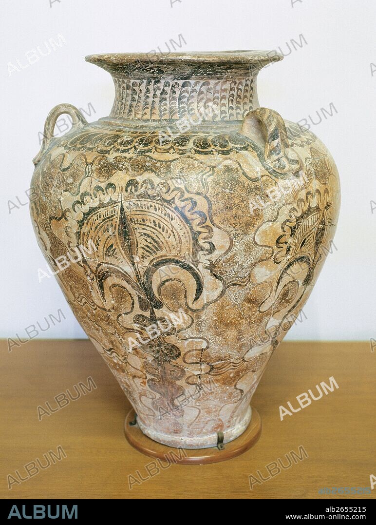 ARTE MINOICO. GRECIA. VASIJA "ESTILO DE PALACIO". Cerámica con decoraciones pintadas, de color oscuro sobre fondo claro. La temática es vegetal y esquematizada. Pieza fechada hacia el 1420 a. C. Museo de Heraklio. Creta.