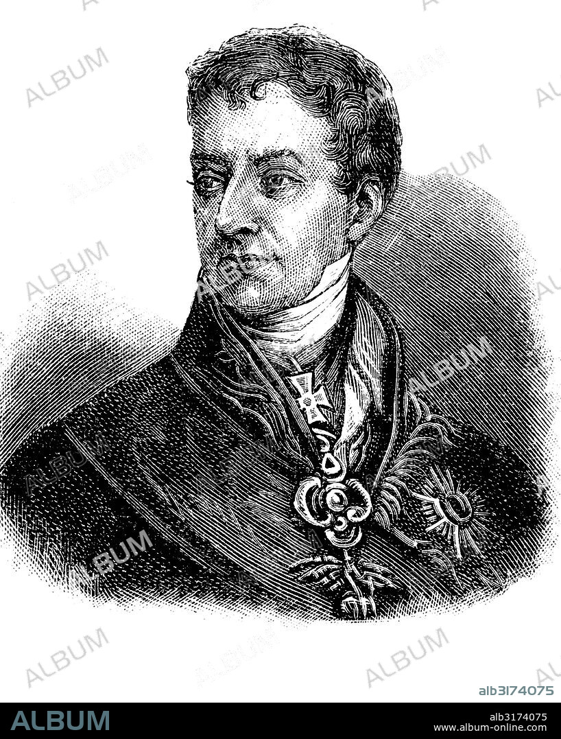 Historical drawing from the 19th century, portrait of prince klemens wenzel von metternich, 1773 - 1859, earl of kynzvart, duke of portella, statesman in imperial austria.