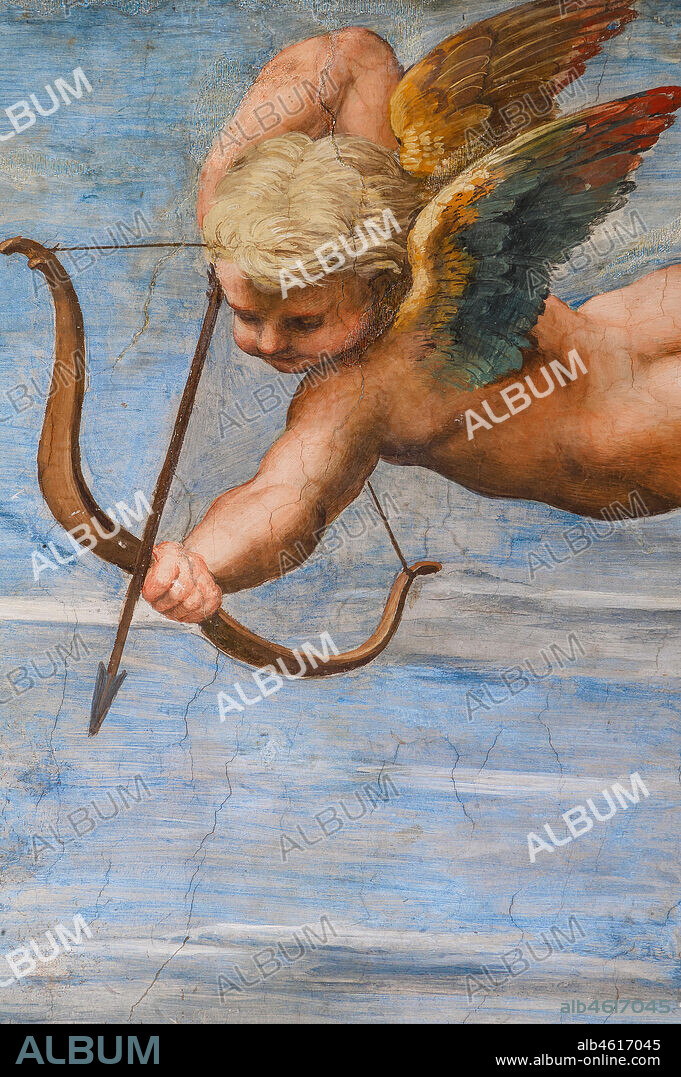 Rome, Villa Farnesina, the Loggia of Galatea: . "The Triumph of Galatea", by Raphael (1513 - 4). Galatea was the beautiful nymph whom Raphael depicted amongst a throng of sea creatures as she speeds away from her admirer on a fantastical shell drawn by dolphins.. Detail with amorini.
