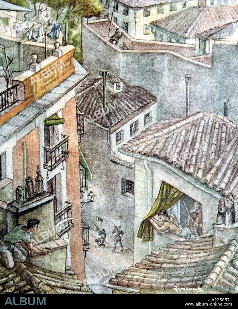 GUERRA CIVIL ESPAÑOLA 1936 - 1939. " PAQUEO EN MADRID ". DIBUJO DE JOAQUIN VALVERDE. HISTORIA DE LA CRUZADA ESPAÑÓLA.