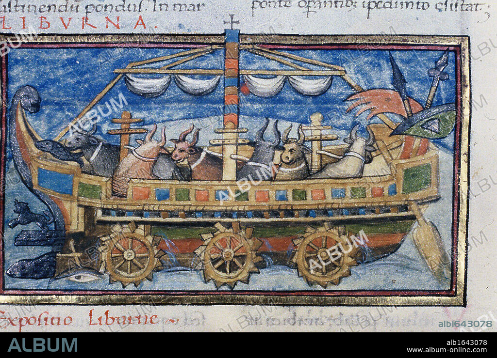 Illustration of an ox-powered paddle-wheel boat. Fifteenth century manuscript based on a description in 4th century anonymous Roman military treatise on war machines 'De Rebus Bellicis'.