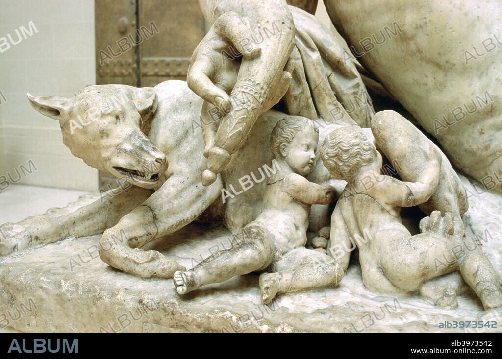 Tiberinus, Roman god of the River Tiber, 1st century AD. Detail from a sculpture of the River god Tiberinus that decorated a temple dedicated to Isis and Sarapis. It shows Romulus and Remus, the founders of Rome according to Roman mythology, with the she-wolf that suckled them after they were abandoned in the wild. From the Louvre, Paris.