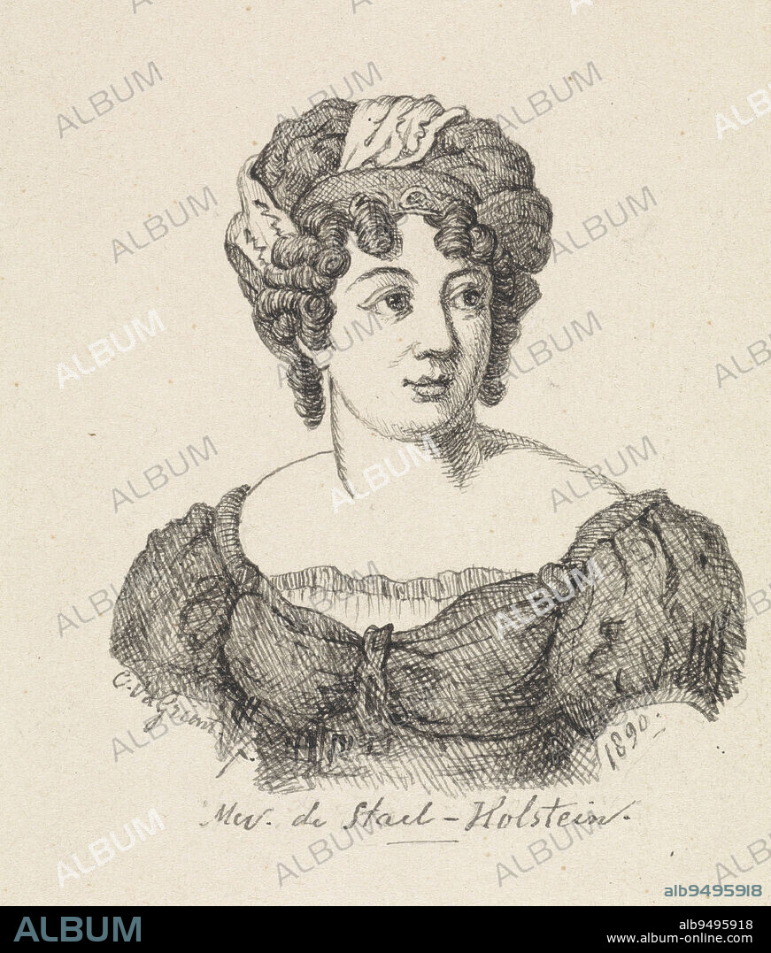 Portrait of Anne Louise Germaine de Stael-Holstein, draughtsman: Cornelis van der Griendt, 1890, paper, pen, h 110 mm × w 92 mm.