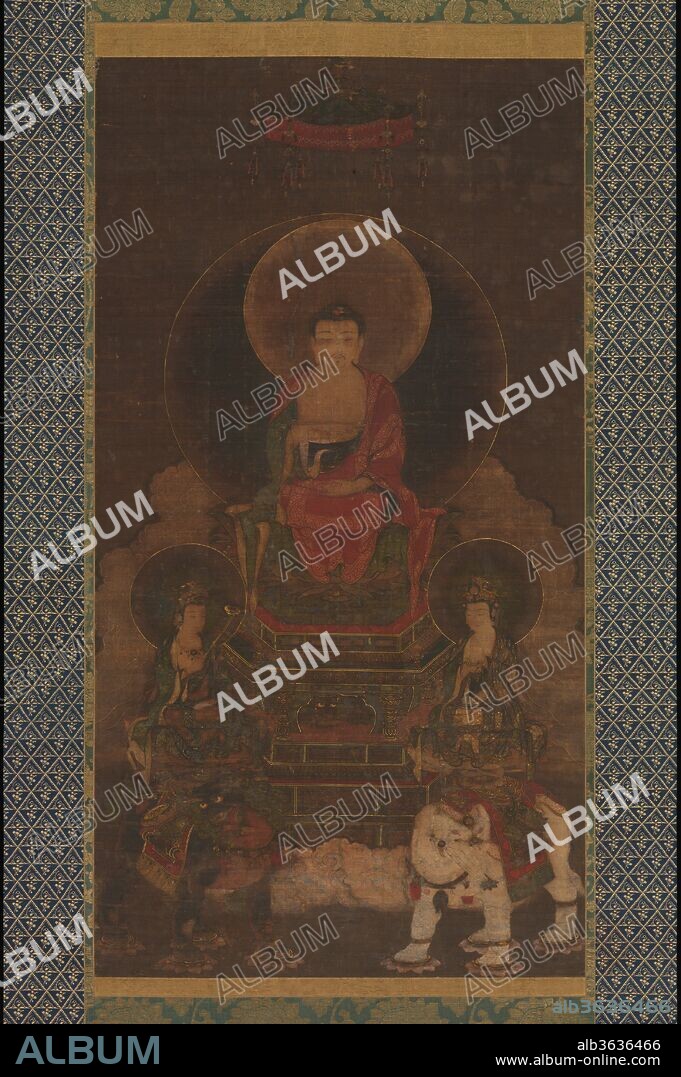 Shaka (Shakyamuni) Triad. Culture: Japan. Dimensions: Image: 42 1/4 x 22 3/4 in. (107.3 x 57.8 cm)
Overall with mounting: 86 x 31 1/2 in. (218.4 x 80 cm)
Overall with knobs: 86 x 33 3/4 in. (218.4 x 85.7 cm). Date: 13th century.
This painting shows Shaka in his fully enlightened state, enthroned and flanked by his bodhisattva attendants: Monju (Manjushri), riding a golden lion, and Fugen (Samantabhadra), riding a white elephant. Serving as the Buddha's active agents in this world, Monju stands for the wisdom of Buddhism and Fugen for its practice, particularly meditation and teaching. The pyramidal arrangement of the figures, with the transcendent Shaka at its apex and axis, projects the enduring nature of the faith. The subtle contrast between the broad-shouldered stasis of the Buddha and the animation of the bodhisattvas and their mounts is a pleasing visual interpretation of the theological meaning of the iconography. This straightforward yet richly painted icon reflects the revival of older Buddhist sects that accompanied the reform of mainstream Buddhism during the Kamakura period.