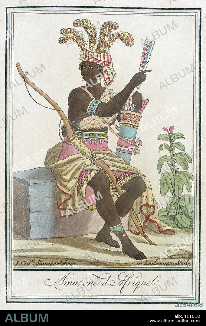 The Dahomey Amazons were a Fon all-female military regiment of the Kingdom of Dahomey. While European narratives refer to the women soldiers as Amazons, they called themselves ahosi (king's wives) or Mino (our mothers). During their membership they were not allowed to have children or be part of married life. Many of them were virgins. The Mino trained with intense physical exercise. They learnt survival skills and indifference to pain and death. The Mino were also wealthy and held high status. Engraving by Labrousse from Costumes of Different Countries, circa 1797.