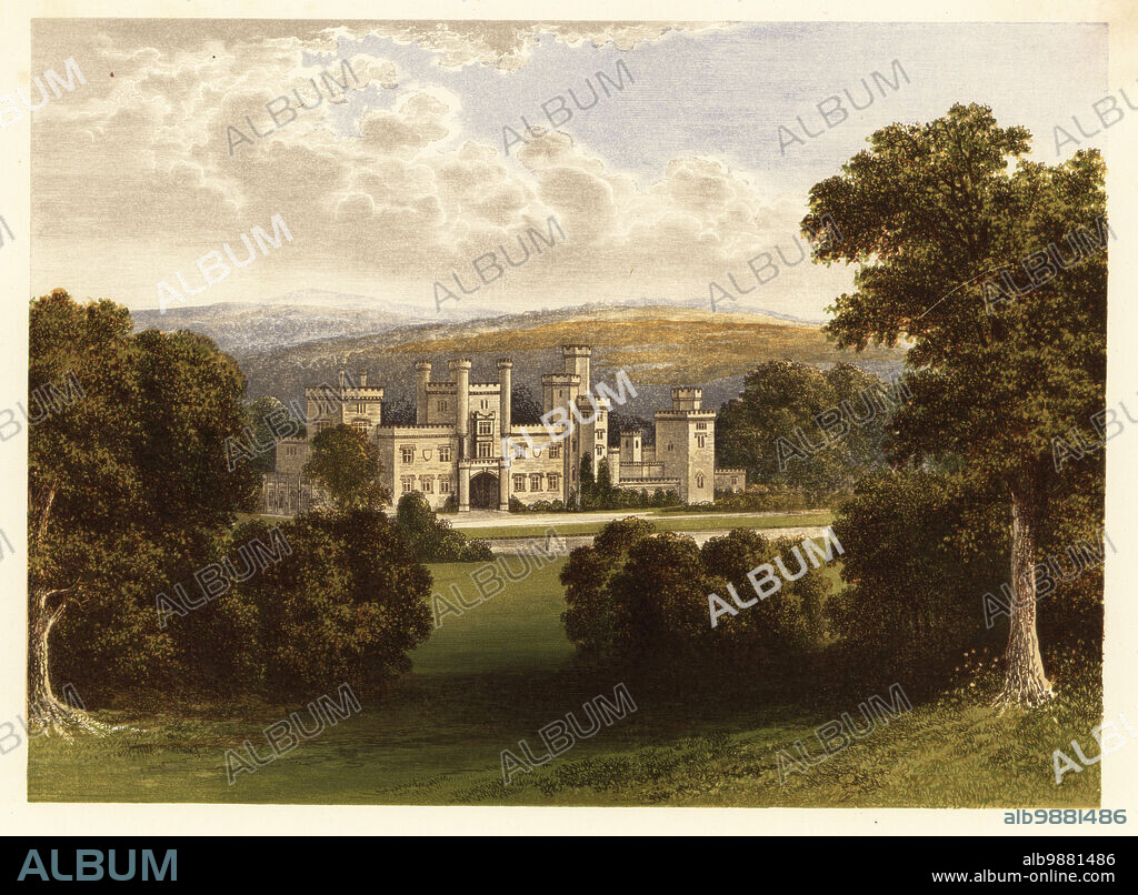 Ravensworth Castle, Durham, England. Old manor house rebuilt in the castellated Gothic style by John Nash for Sir Thomas Henry Liddell in the early 19th century. Colour woodblock by Benjamin Fawcett in the Baxter process of an illustration by Alexander Francis Lydon from Reverend Francis Orpen Morriss Picturesque Views of the Seats of Noblemen and Gentlemen of Great Britain and Ireland, William Mackenzie, London, 1880.