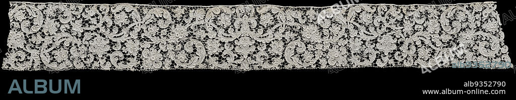 Strip of needlepoint lace with floral scrolls, Strip of natural-colored Venetian needlepoint lace gros point. Symmetrical pattern relative to the center axis with palmettes, rosettes, tendrils, leaves and volutes. The motifs are connected with an irregular bar ground with picots. Fullwork with festoon stitching decorated with recesses and strongly raised cordons. The top is trimmed with a border of bobbin lace. The bottom is finished with a straight picot border., anonymous, Venice, c. 1660 - c. 1675, Venetian gros point (heavy raised Venetian lace), length 203 cm × width 28 cm.